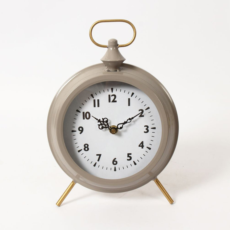 Horloge de table analogique analogique en métal beige / blanc / or