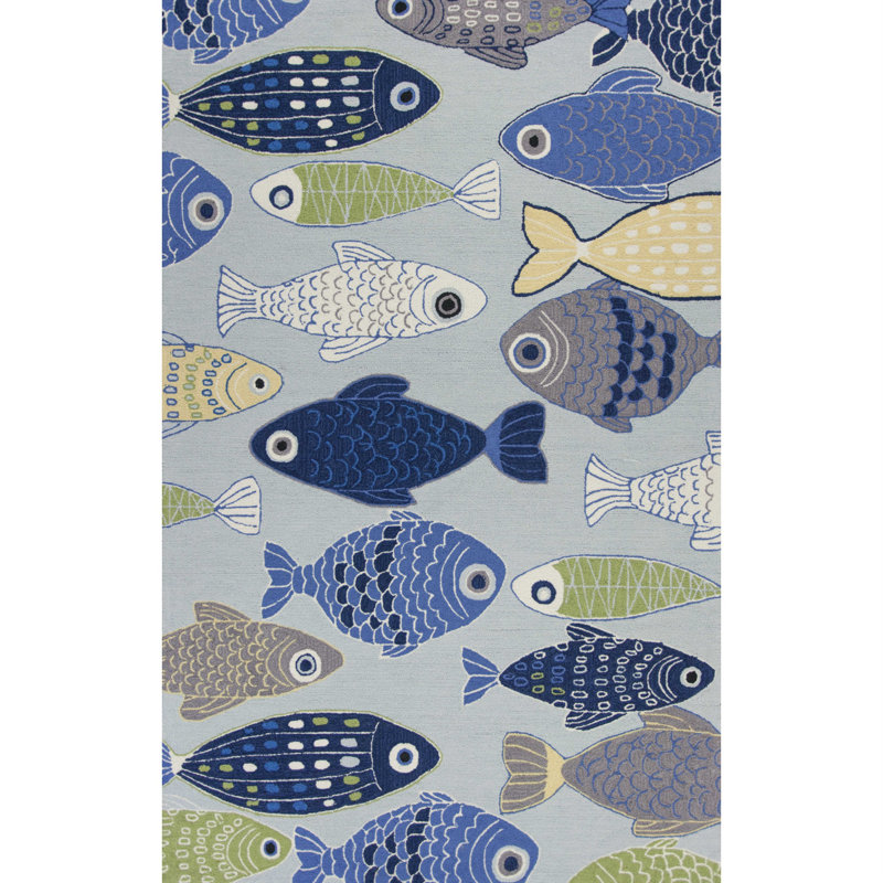 Petetia Blue and Ivory Fish Hand Tufted Area Rug, Rectangle 2' x 4'