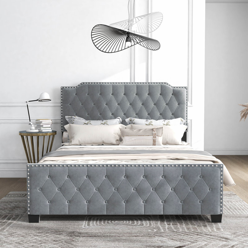 Lit tapissier Geikeline, Gris, Double