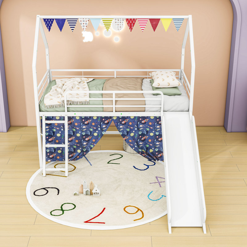 Twin Metal Loft Bed With Curtain, Slide And Ladder, White/Blue