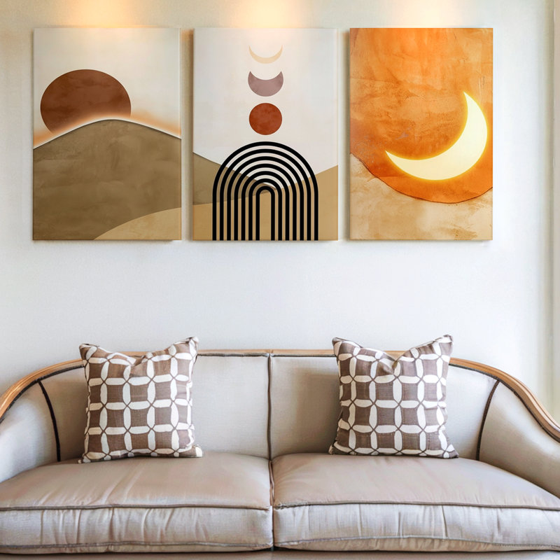 3 pièces d'art mural géométrique abstrait avec coucher de soleil et lune, trois pièces d'art mural pour le salon, la chambre à coucher et le bureau, aspect encadré
