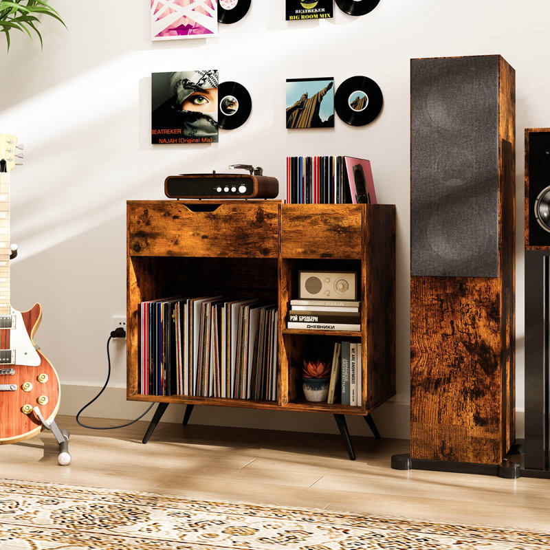 Record Player Stand With Power Outlet, Drawer, Removable Divider Industrial Turntable Display Stand