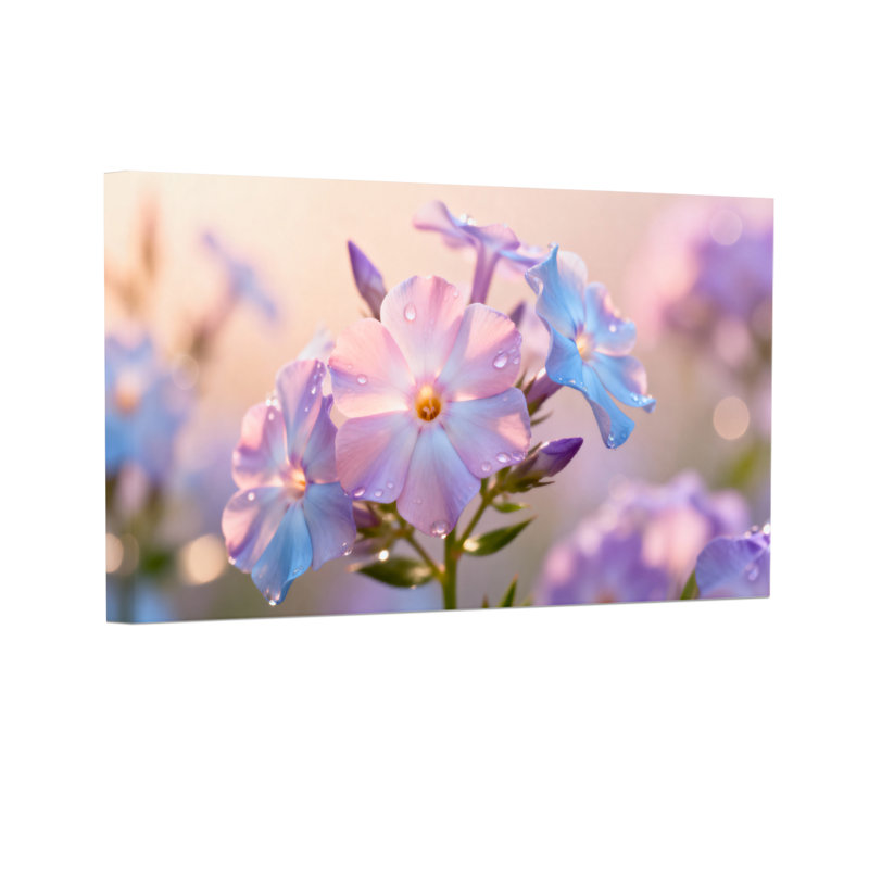 Plantes et fleurs mauves avec gouttes de rosée, H 20 po x l 30 po, Reproduction encadrée d'une seule photo sans pass, Noir