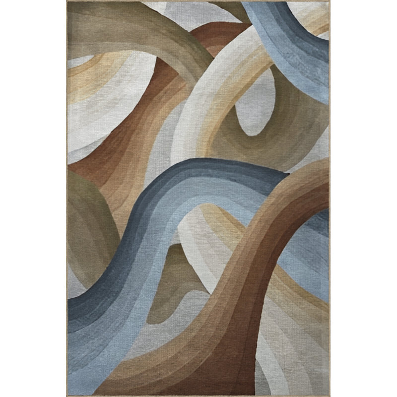 Tapis décoratif moderne bleu et brun à motif de lierre, Rectangle 3 pi 11,24 po x 5 pi 10,87 po
