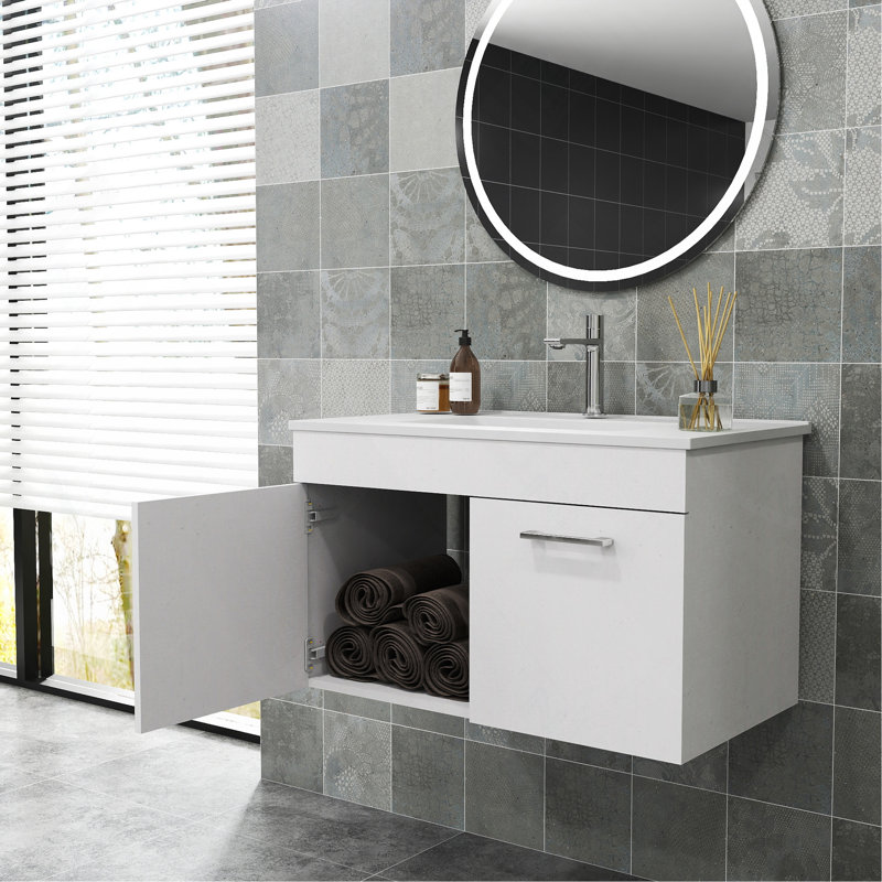 32" Wall-Mounted Glossy White Bathroom Vanity with Ceramic Sink Combo and 2 Soft-Close Doors
