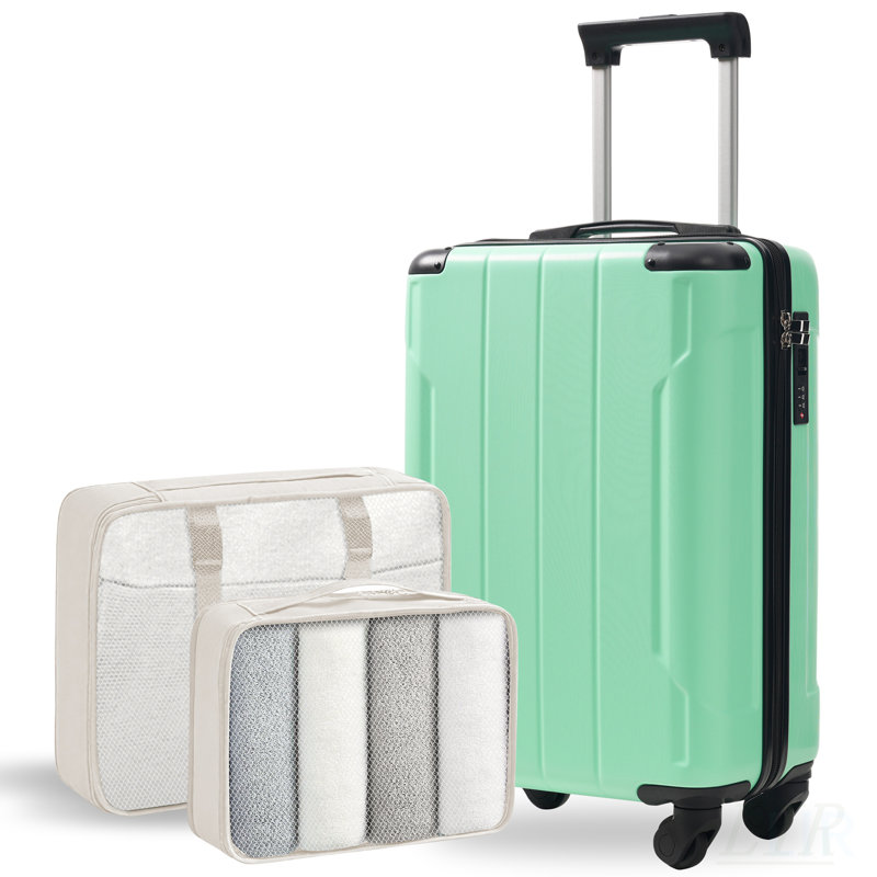 Valise de transport durable en ABS léger de 20 pouces avec roulettes pivotantes, verrou TSA et 2 cubes d'emballage, vert crème