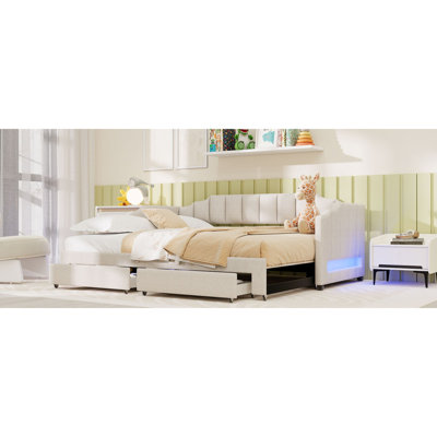 Lit de jour simple rembourré extensible de taille XL avec deux tiroirs de rangement et lumière DEL, lit de jour simple TG à très grand lit, beige
