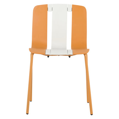 Ensemble de 4 chaises rayées avec pieds en plastique et en métal en couleurs vives beige, orange et blanc. Conception ergonomique pour le confort, style élégant pour tout espace, chaises d'intérieur / extérieur, blocs colorés, plastique,