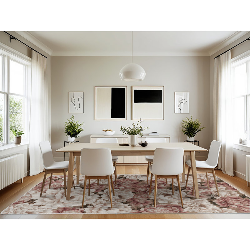 Machine Washable Botanical Beige Area Rug, Rectangle 7' x 10'