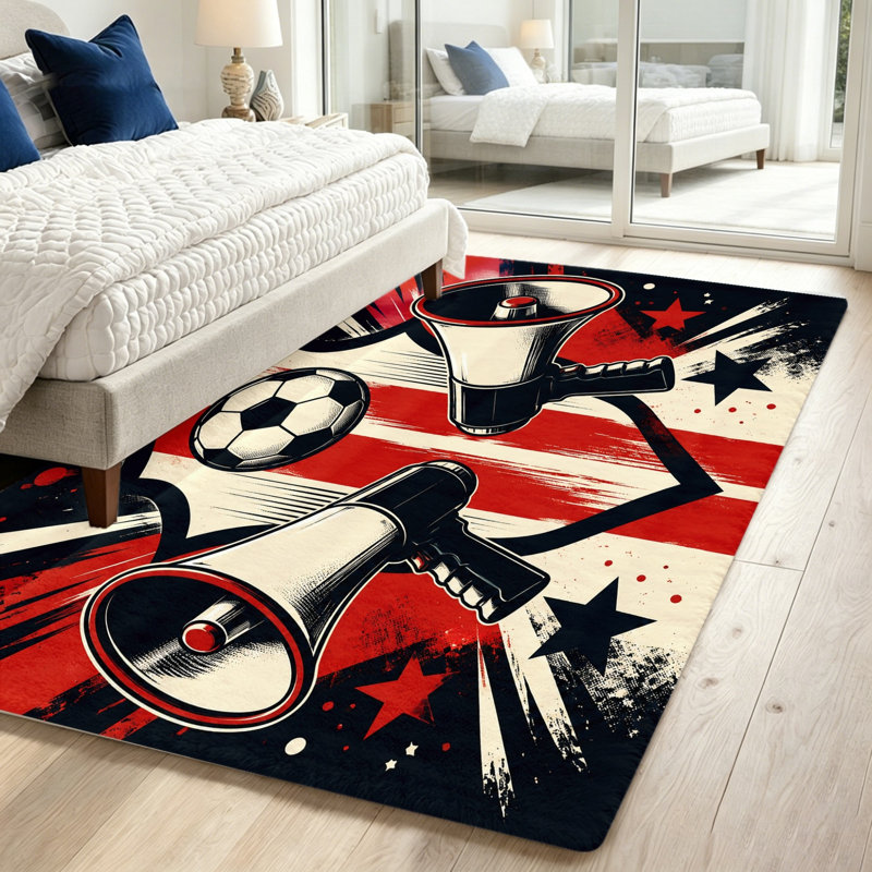 Sports Themed Area Rug, Megaphone and Soccer Ball Design, Vibrant Patriotic Print, Indoor Floor Mat for Living Room, Bedroom, Game, World Cup Soccer Decor