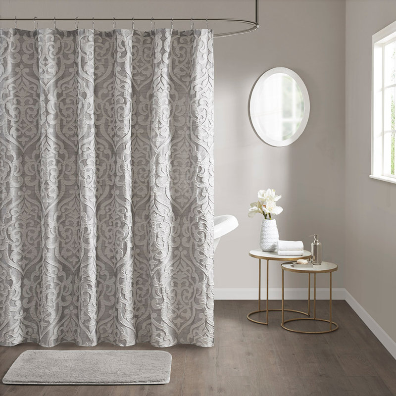 Rideau de douche en jacquard texturé de luxe avec motif damassé riche, polyester facile d'entretien et durable, Argent