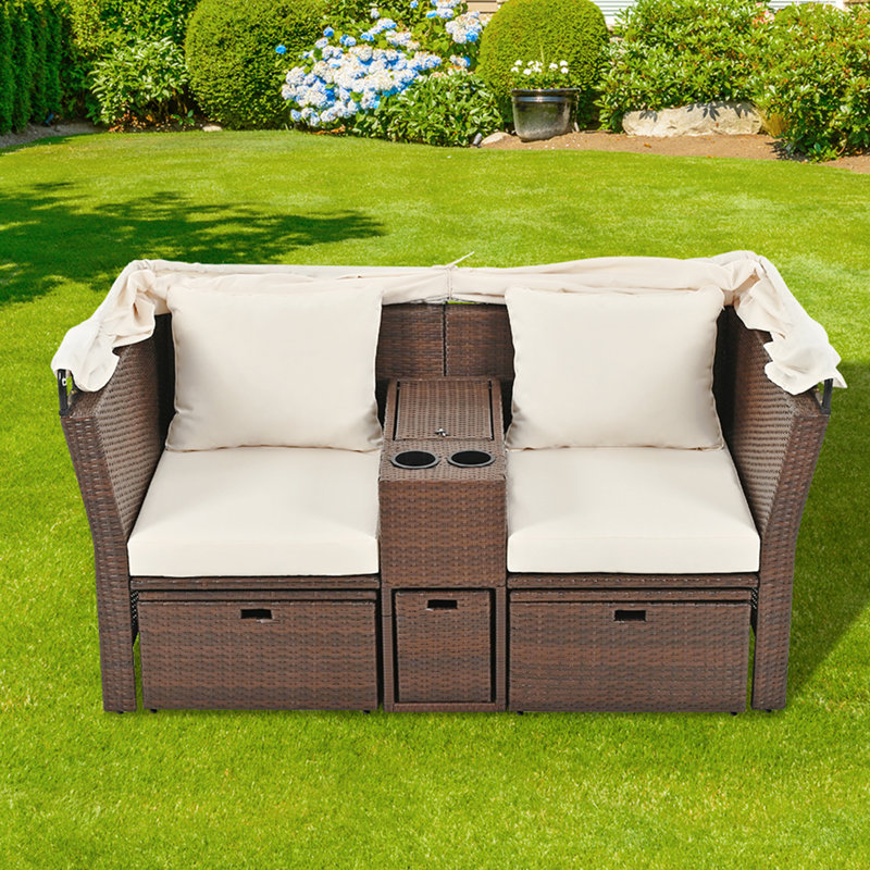 Chaise longue d'extérieur en osier pour patio avec auvent et porte-gobelets, Beige