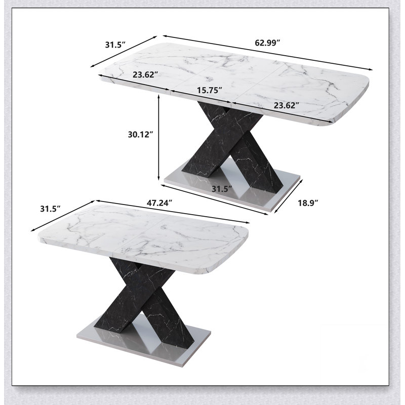 Table de salle à manger moderne carrée, extensible, avec pied de table en MDF en forme de X, Blanc, Noir