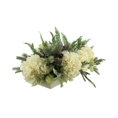 Snowy Evergreen and Hydrangea Holiday Centerpiece