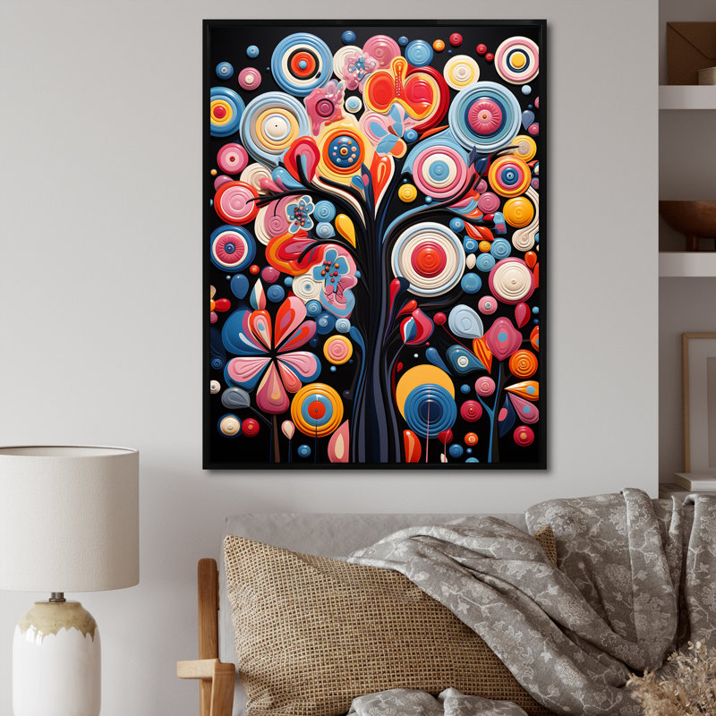 Fantasy Floral Pink And Blue Tree 4 - Tree African Wall Art, 32" H x 24" W x 1" D, Black Floater Framed