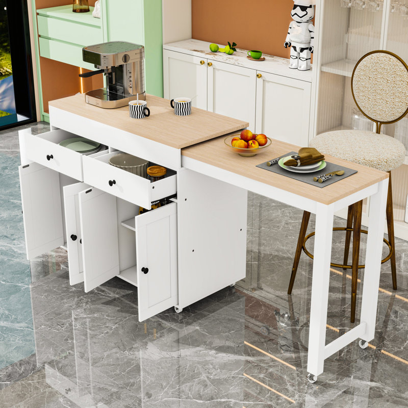 Kitchen Island with Extendable Dining Table, 4-Door Cabinet, 2 Drawers and Spice Rack, White