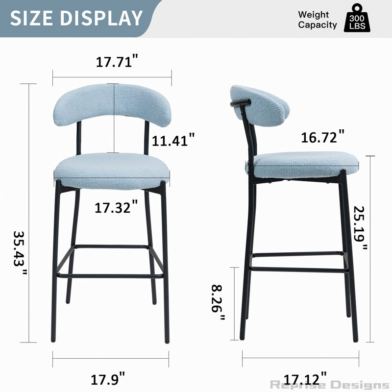 Tabourets de bar 26 po à hauteur de comptoir en tissu Teddy, Bleu