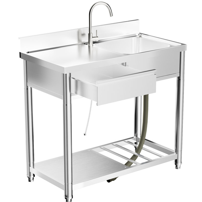 Évier extérieur autoportant en acier inoxydable 304 de 39 pouces avec établi, étagère de rangement inférieure, tiroir et robinet pivotant à 360 ° pour établi