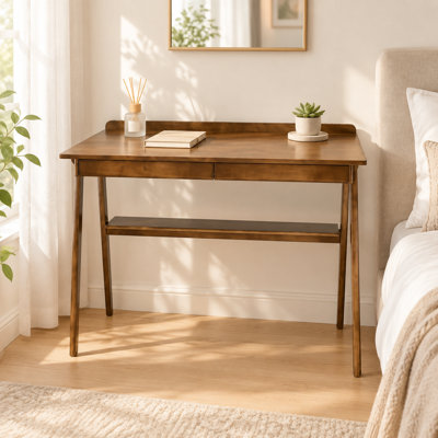 Bureau en bois massif, idéal pour les petits espaces, style moderne du milieu du siècle, avec 2 tiroirs et une étagère de rangement.