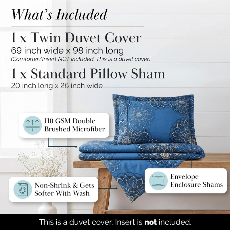 Midnight Floral Duvet Cover Set, Twin Duvet Cover + 1 Shams, Blue/Yellow