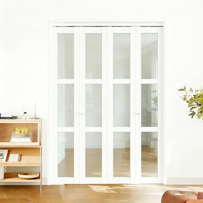 Porte pliante, porte de garde-robe en verre transparent à 3 ouvertures de 24 à 36 po, portes pliantes avec ensemble de quincaillerie, panneau de fibres à densité moyenne, portes intérieures pliantes blanches