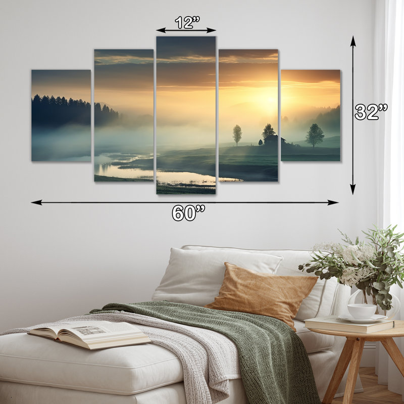 «Misty Sunset Over Forest RIver - Sunset Wall Art Decor», 5 pièces, H 32 po x l 60 po