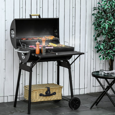 Barbecue au charbon de bois 30" - Fumoir portatif en acier avec tablette de rangement et roues pour pique-nique, gril noir et camping.