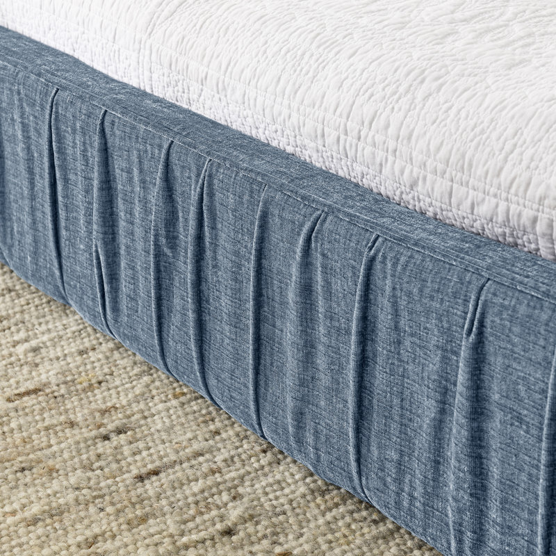 Lit plateforme tapissier avec tête de lit grand format et tissu plissé en chenille, Bleu foncé