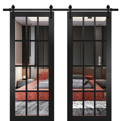 Sturdy Double Barn Door with | Felicia 3355 Matte Black with Clear Glass | 13FT Rail Hangers Heavy Set | Solid Panel Interior Doors-48" x 80" (2* 24x80)-Black Rail