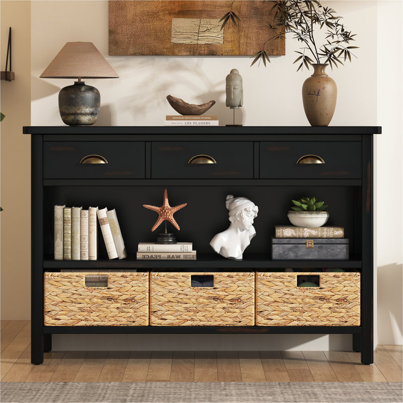 Vintage Console Table With Drawers, Water Hyacinth Woven Baskets, Multi-Color Options, Ideal For Entryway And Living Room