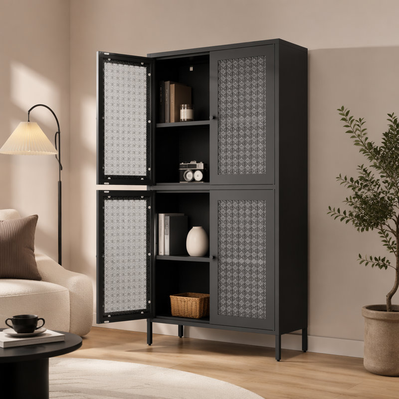 Armoire de rangement classique en métal avec 4 portes en verre et 4 tablettes