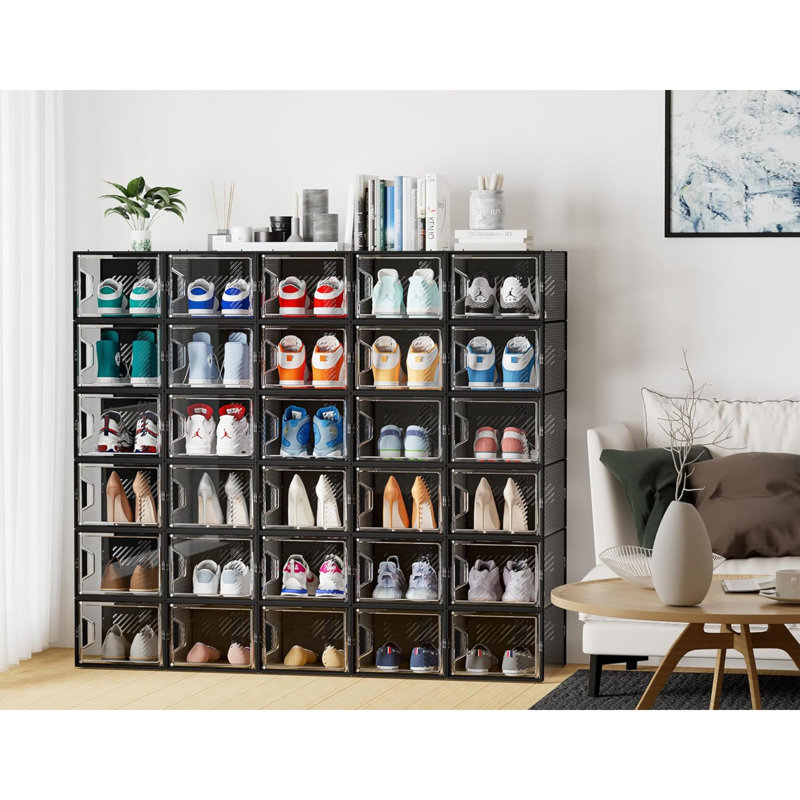 Large Shoe Storage Box,12 Pcs Shoe Box Plastic Stackable, Shoe Organizer Containers With Lids,Fit UK 12, Black