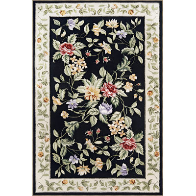 Black-Beige Themed Multi-Colored Floral Rose Patterned Modern Decorative Rug