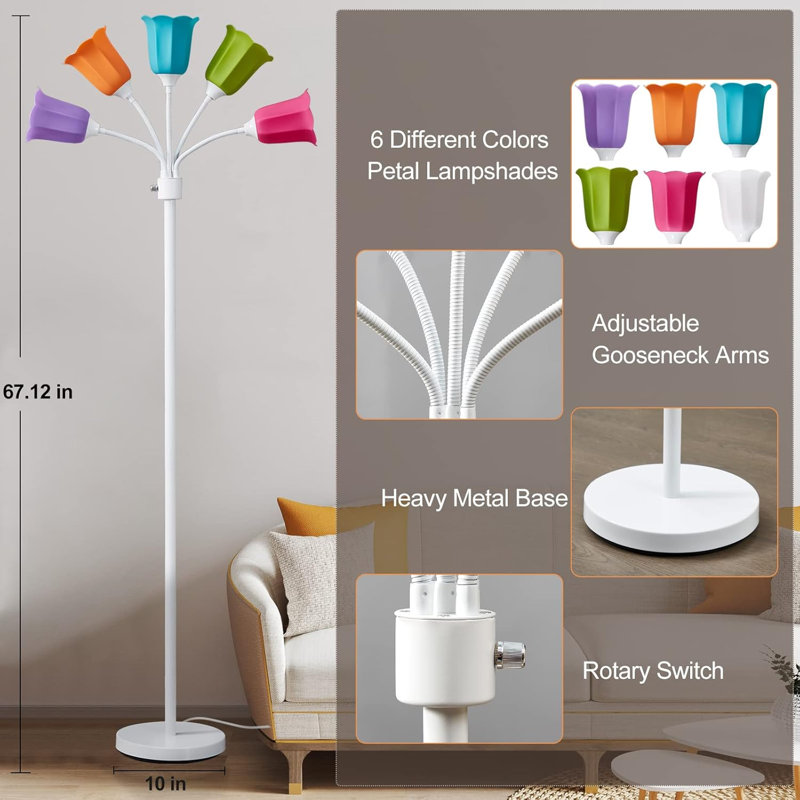 67" Multi Head Modern LED Kid Floor Lamp with Adjustable Gooseneck Standing Lamps for Living Room Bedroom Kids Room Office 6 Color Lampshades Bulb Not Included(White)