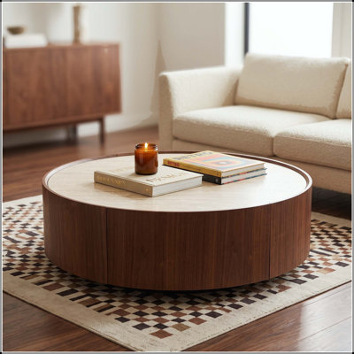 Round Coffee Table with Sintered Stone Top and Walnut Veneer