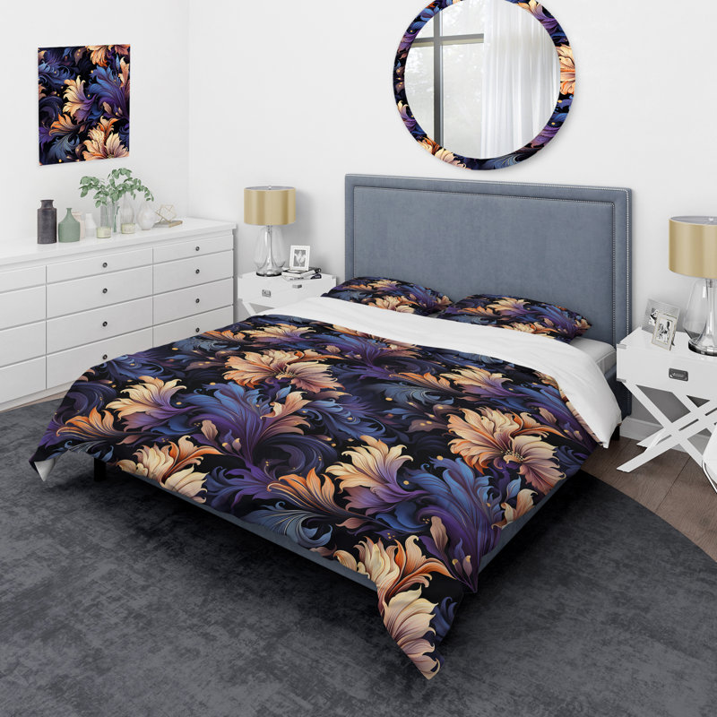 Ensemble de housse de couette astral bleu mauve et damassé Radiance I, Housse de couette pour grand lit et 2 taies décor