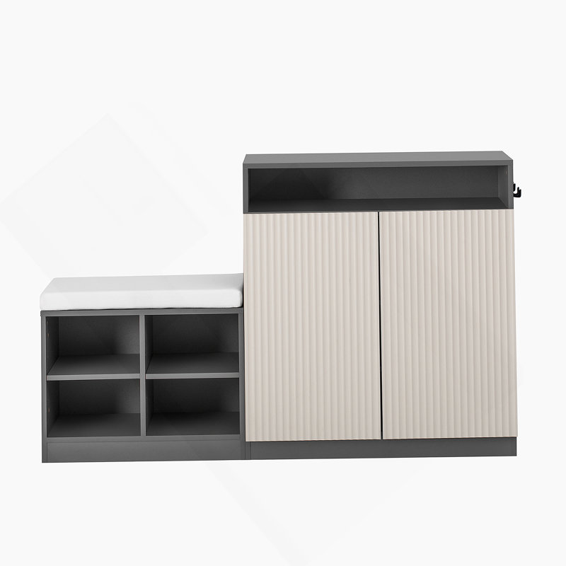 Living Room Cabinet With Shoe Bench, 2 Doors And 3-Tier Adjustable Shelves, Gray