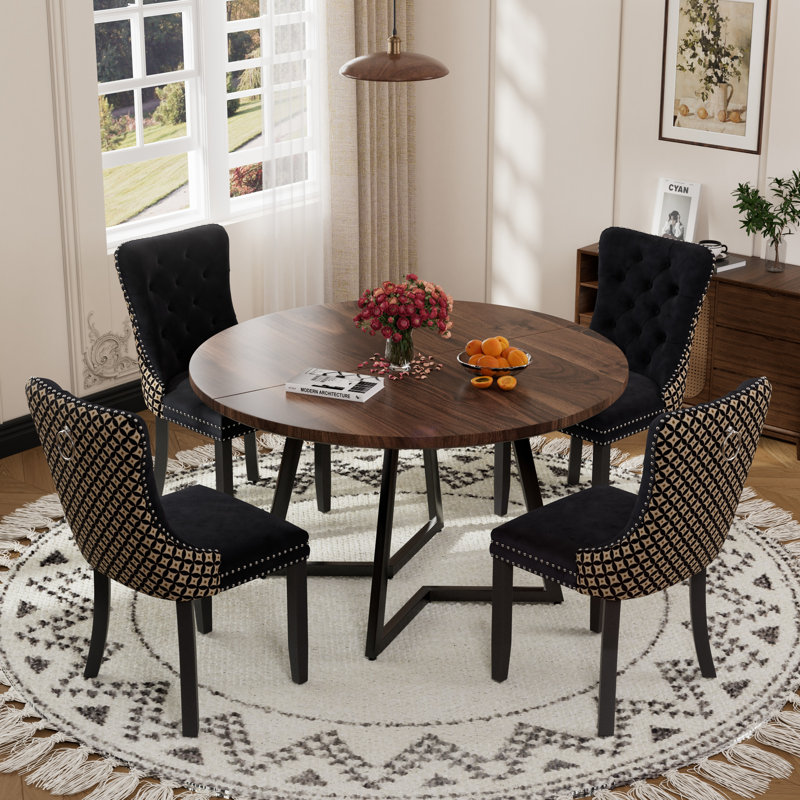 Round Wooden Dining Set with Velvet Dining Chair, Black/Beige