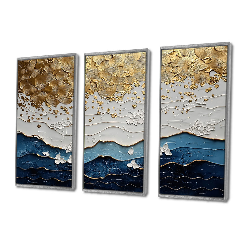 Blue Waves Heights Golden Coastal III - ensemble d'impression d'art mural côtier, H 28 po x l 36 po x P 1 po