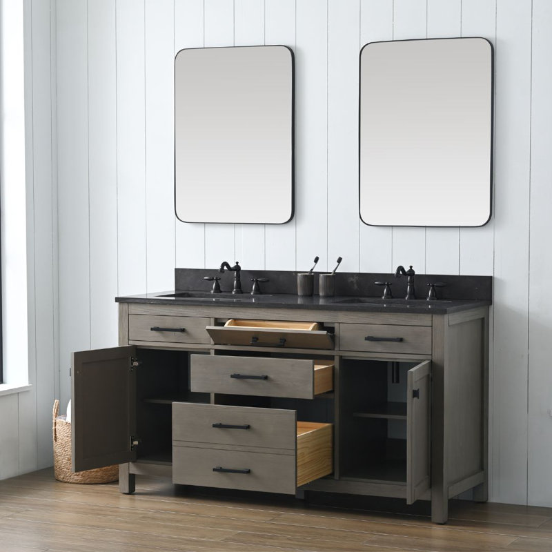 Meuble-lavabo double 60 po Ajiya, Gris texturé / noir mat, Calcaire bleu