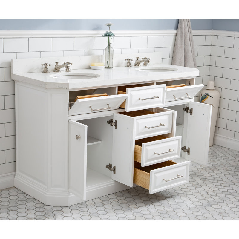 Meuble-lavabo de comptoir en marbre 60 po avec miroir Bruning Carrara Bruning, Blanc pur, Nickel poli