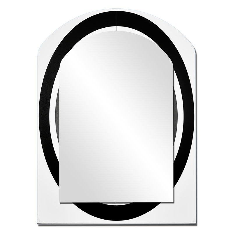 Bauhaus noir et blanc circulaire minimaliste II - miroir asymétrique géométrique unique, grand miroir mural arqué noir, impression d'art en métal