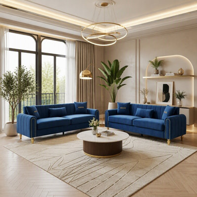 Velvet 2-Piece Sofa Set,Living Room Couch Set with Gold Metal Legs
