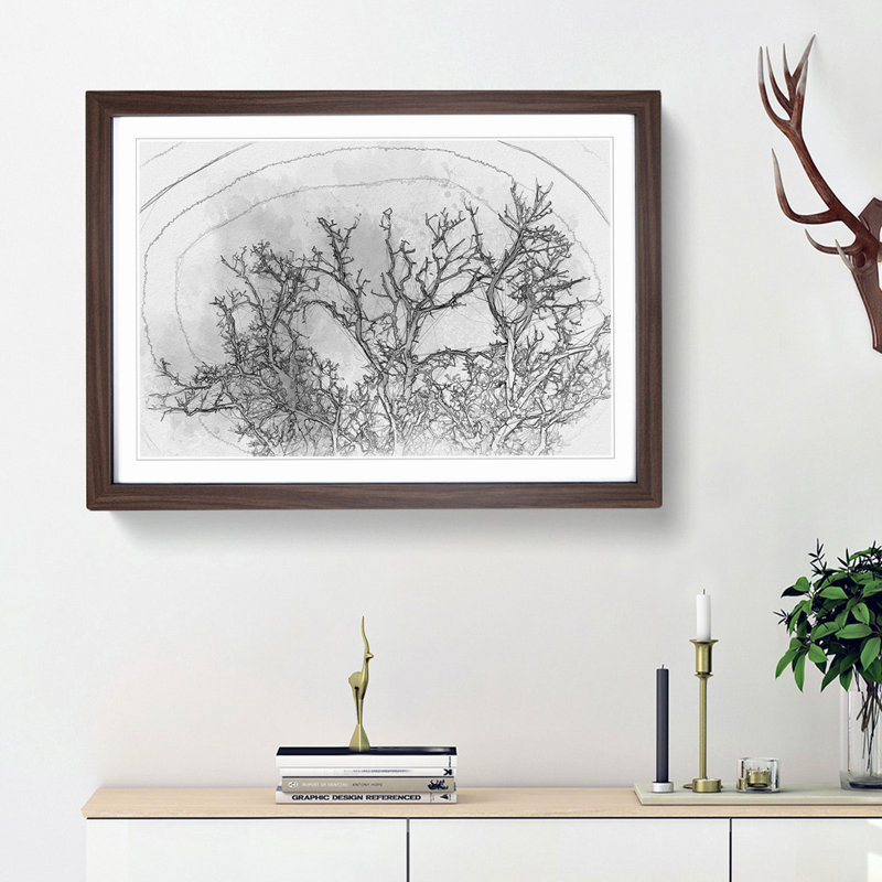Bird in a Winter Tree in Abstract - Picture Frame Graphic Art Print, 48cm H x 65cm W x 2cm D, Walnut Framed