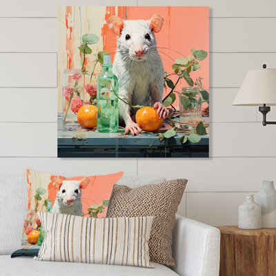 Pink Curious Rat Fruits - Mouse Animal Metal Wall Art