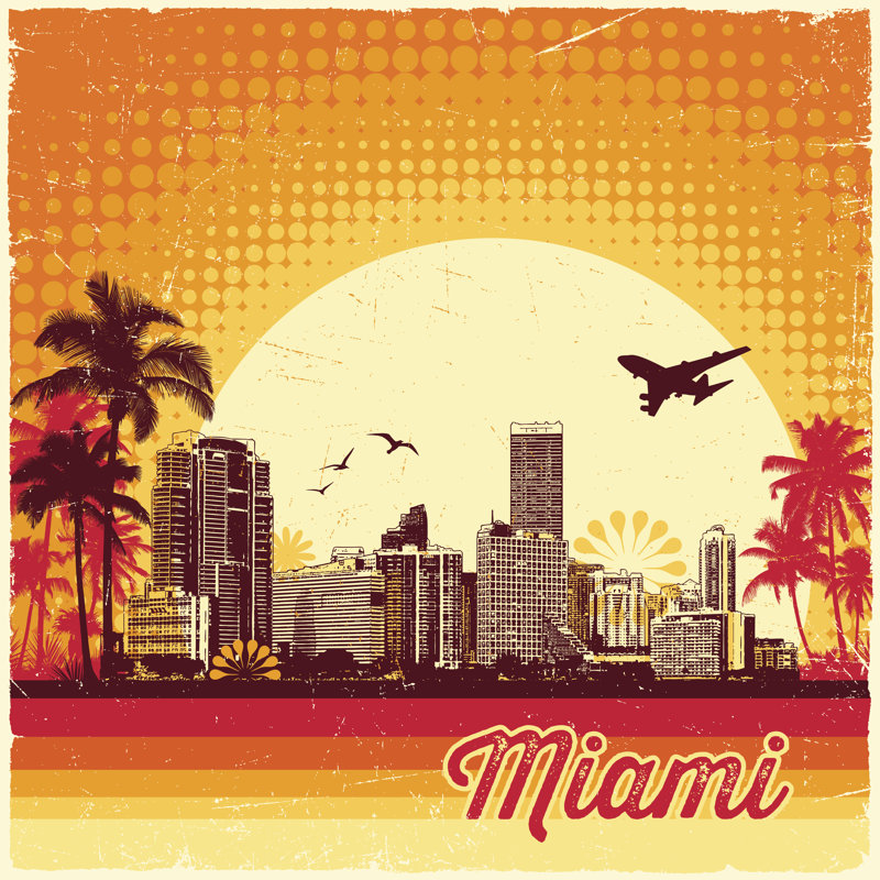 Retro Miami Skyline by Aleksandarvelasevic - Wrapped Canvas Print, 91cm H x 91cm W