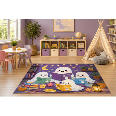 Tapis ultra-léger 152 x 213 cm (5' x 7') « Club de lecture fantôme » pour chambre d'enfant, idéal pour Halloween. Décoration mignonne et effrayante pour une chambre d'enfant, une salle de jeux ou un coin lecture. Dos en silicone antidérapant.