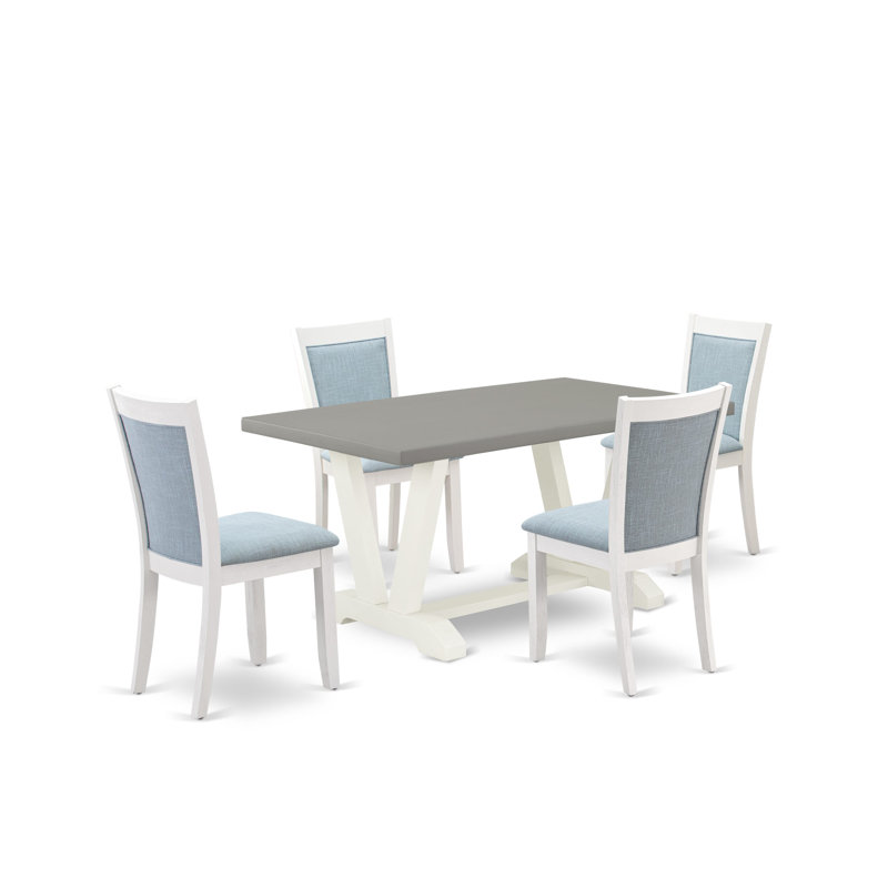 5-Pc Dining Table Set Consists of a Cement Rectangular Table and 4 Baby Blue Linen Fabric Dinner Chairs with High Back - Wire Brushed Linen White.