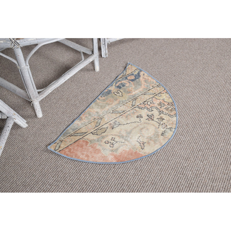 Handwoven Beige Turkish Vintage Round Rug for Home Entrance or Indoor Flooring