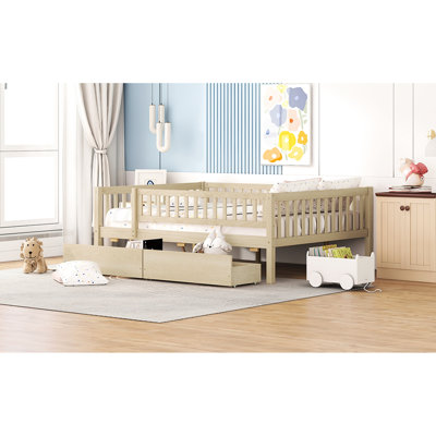 Lit de jour double en bois naturel avec deux tiroirs dans la chambre à coucher - Fabrication en pin massif pour une utilisation à long terme peu encombrante et des meubles pratiques servant de lit ou de structure facile à assembler,